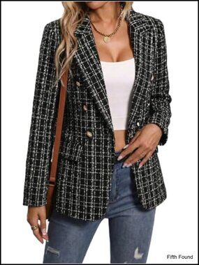 Tweed Blazer Plaid Notch Collar Double Breasted Business Casual Coat